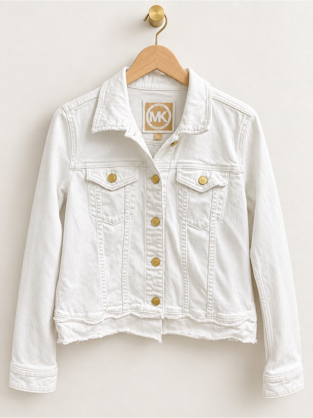 Michael Kors White Denim Jacket Size L Gold Logo Buttons Raw Hem